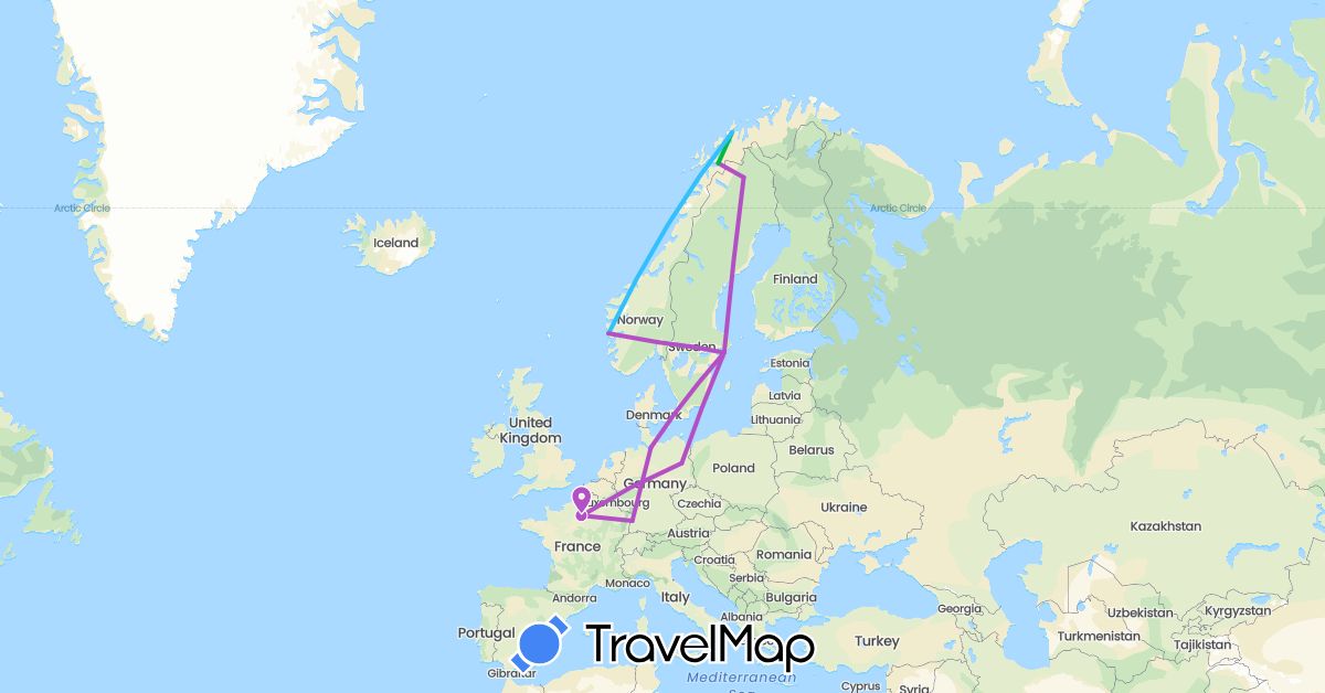 TravelMap itinerary: driving, bus, train, boat in Germany, Denmark, France, Norway, Sweden (Europe)